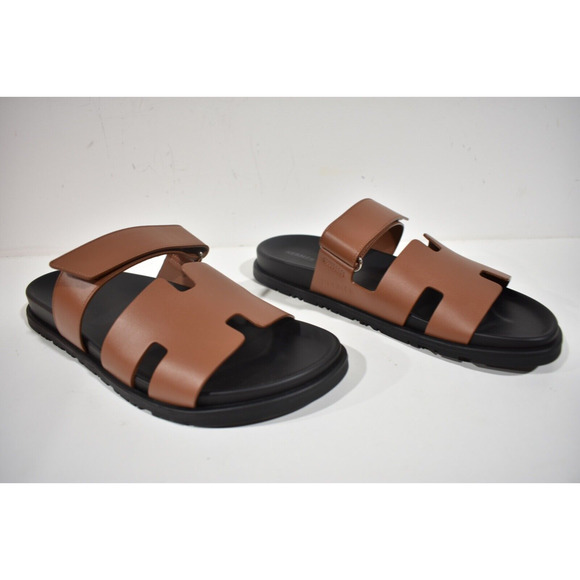 Hermes Chypre Sandal Mens Black Brown Leather H Logo Slide Slip On Flat 44 11 - Picture 4 of 12